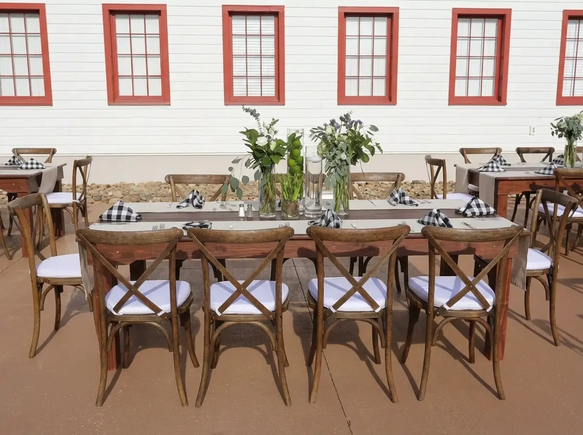 A seated dinner in the Loft set with long tables